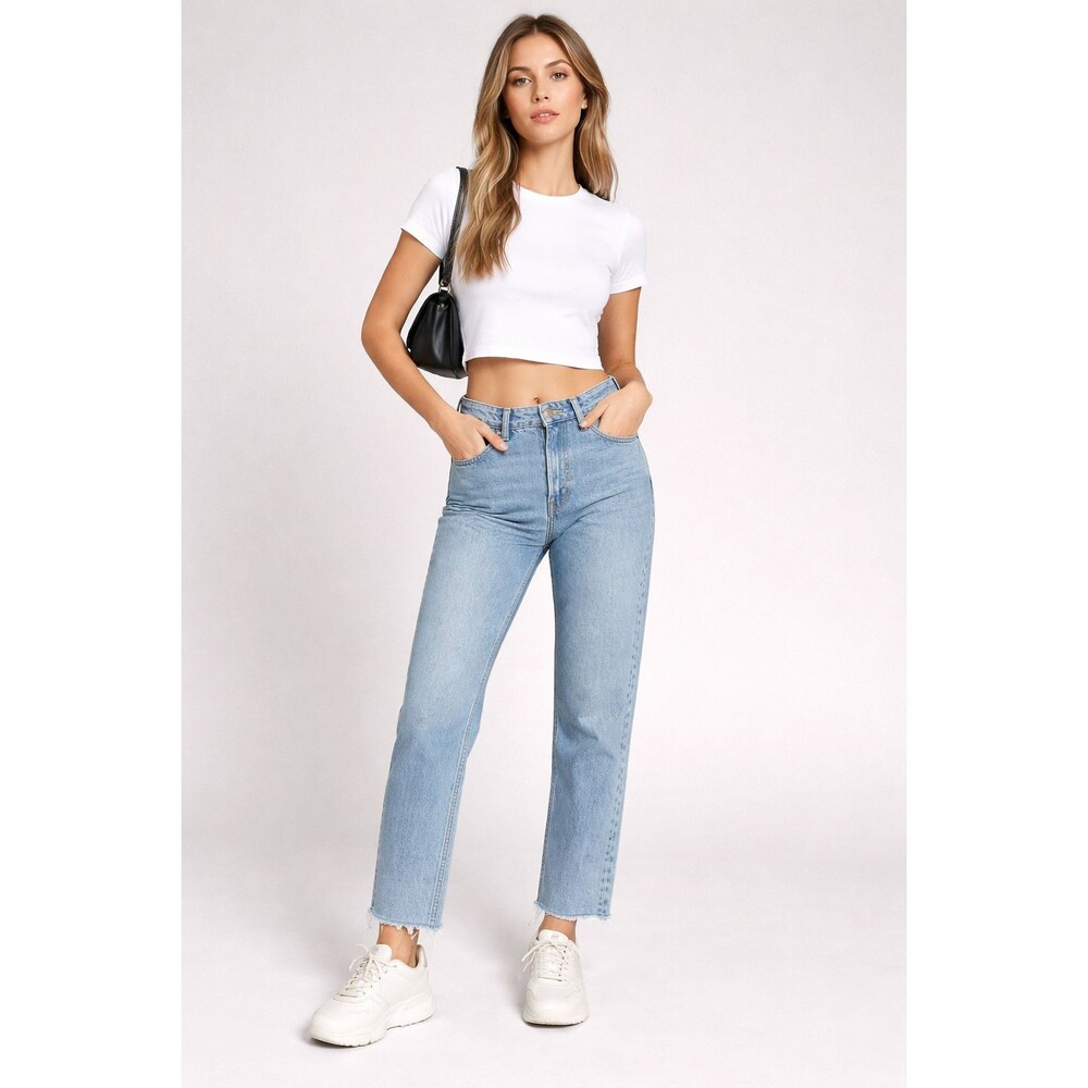 Topshop Straight Leg Jeans Light Wash Raw Hem High Rise Denim Size 26